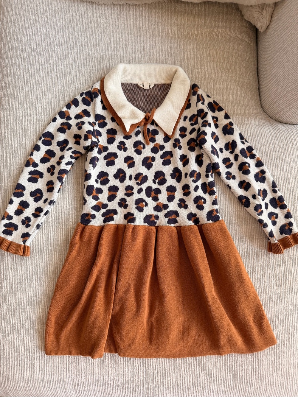 Girls' Leopard Knit Dress with Cream Collar and Rust Skirt 6